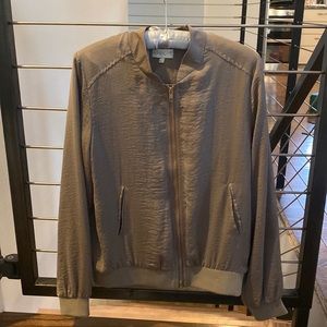 silky light olive green bomber jacket with gold hardware